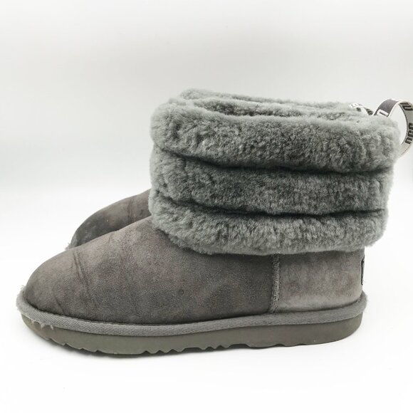 UGG Fluff Mini Quilted Gray Suede Fur Lined Ankle Boots Womens 6 Youth 5 - Picture 3 of 12